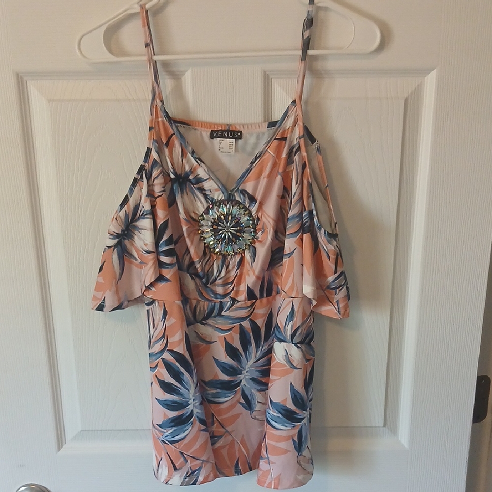 Venus Pink and Blue Leaf Print Top With Center Brooch Adornment. Size L.